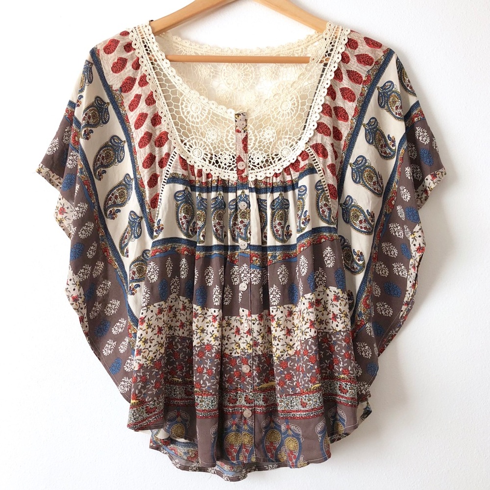 Crochet Lace Flutter Sleeve Festival Boho Blouse
